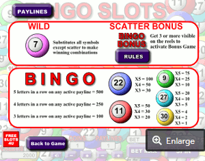Bingo Slot Desktop Paytable Screenshot