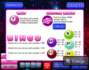 Bingo Slot Mobile Paytable Screenshot